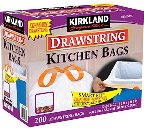 Kirkland Signature 13 Gallon 200 Ct Carton 100% recyclable Heavy Duty Drawstring Kitchen Trash Bags Garbage Bag ,White