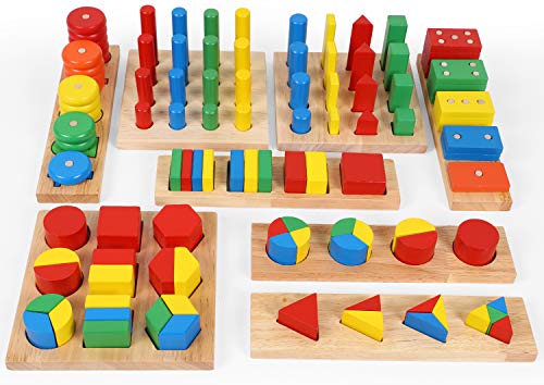 TOWO Wooden Geometric Shapes Stacking Rings and Fractions Boards 8 in 1 Set Puzzles- Shape Sorter Sorting Toy Stacking Game – Montessori Materials Educational Learning Toys for 3 4 5 6 Years