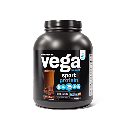 Vega Sport Premium Vegan Protein Powder Chocolate (45 Servings) 30g Vegan Protein, 5g BCAAs, Low Carb, Keto, Dairy Free, Gluten Free, Non GMO, Pea Protein for Women & Men, 4lbs (Packaging May Vary)