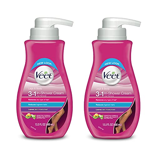 Hair Removal Cream – Veet Legs & Body In Shower Cream Hair Remover, Sensitive Formula with Aloe Vera and Vitamin E, 13.5 fl oz Pump Bottle (Pack of 2)
