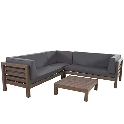 Christopher Knight Home Oana Outdoor Wooden Sectional Set with Cushions, 4-Pcs Set, Grey Finish / Dark Grey