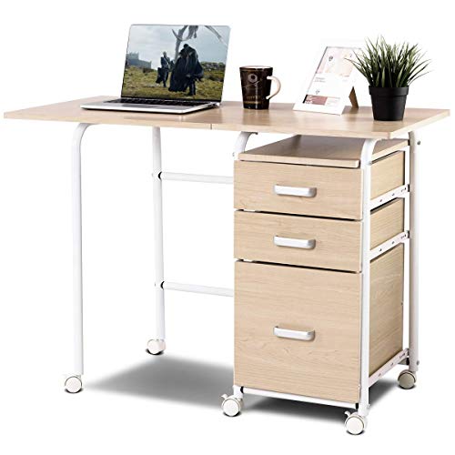 Tangkula Folding Computer Desk Wheeled Home Office Furniture with 3 Drawers Laptop Desk Writing Table Portable Dorm Apartment Space Saving Compact Desk for Small Spaces