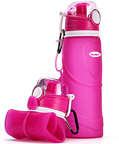 Kemier Collapsible Silicone Water Bottles-750ML,Medical Grade,BPA Free.Can Roll Up,26oz,Leak Proof Foldable Sports & Outdoor Water Bottles (Pink)