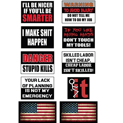 Funny Hard Hat & Helmet Stickers: 10 Decal Value Pack with 2 American Flags. Great for Construction Toolbox, Hardhat, Mechanic, Welder, Electrician. USA Made Fun Gift for Pro Union Working Men, Women