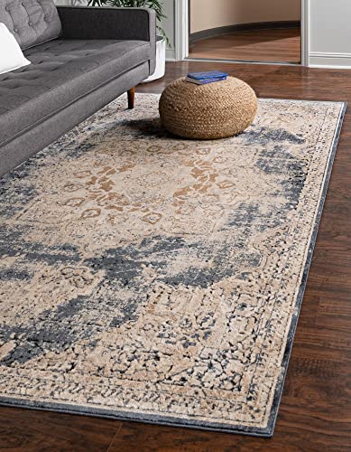 Unique Loom Chateau Collection Area Rug – Roosevelt (8′ x 10′ Rectangle, Dark Blue/ Beige)