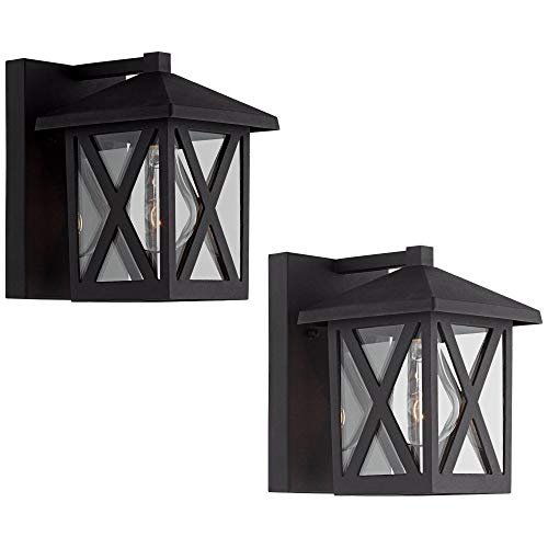 John Timberland Elkins Rustic Outdoor Wall Light Fixtures Set of 2 Black Metal 7 1/2″ Clear Glass Cottage Lantern for Exterior House Porch Patio Outside Deck Garage Yard Front Door Garden Home