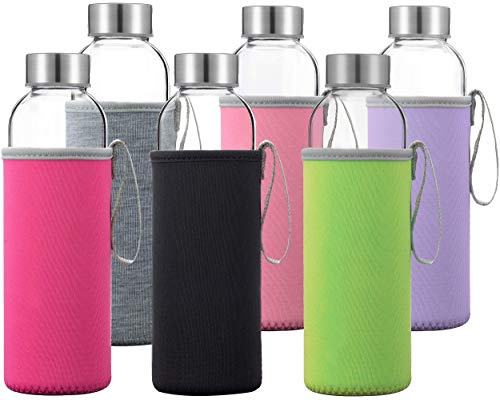 Glass Water Bottles 6 Pack With Sleeves and Stainless Steel Lids – 18oz Size – Leak Proof Caps, Reusable and Perfect For Travel and Storing Beverages Juice, Smoothies, Kombucha, Kefir, Tea