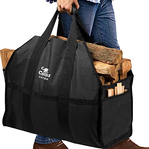 Cougar Outdoor Firewood Carrier Log Carrier (Black) – Waterproof, Heavy Duty, Extra Large Capacity Canvas Wood Carrying Bag for Firewood, Camping, Wood Fire Stove and Fireplace Gift for Him Idea