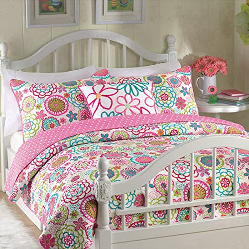 Cozy Line Home Fashions Pink Floral Polka Dot Colorful Reversible Quilt Bedding Set, Coverlet, Bedspreads for Girls (Mariah, Queen – 3 Piece)