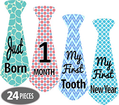 Mesmerico 24 Baby Monthly Holiday Tie Necktie Stickers – Baby Boy First Year Month Age Growth Milestones – Month Stickers for Baby Onesie Belly Stickers – Great Shower Registry Newborn Gifts