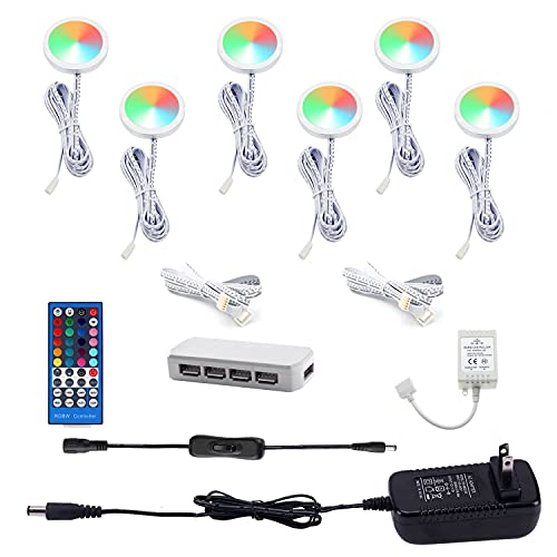 AIBOO Color Changing Christmas Xmas Decor Under Cabinet LED Lighting Kit RF Control Multi Color Puck Lights for Kitchen Shelf Counter Furniture Holiday Lighting 6 Lights 18W RGBW RGB + White