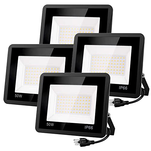 T-SUNUS 4 Pack 50W LED Flood Lights Bright Outside Floodlights IP66 Waterproof Exterior Security Lights with Plug Cool White 6000K Outdoor Lighting for Playground Yard Stadium Lawn Ball Park