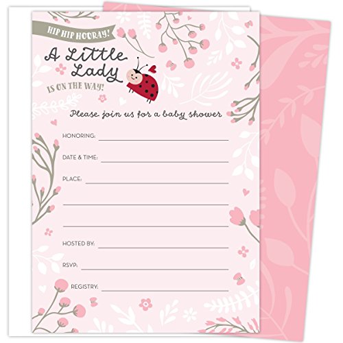 Little Lady on The Way Baby Shower Invitations for Girls, Set of 25 Fill-in Style Cards and Envelopes. Ladybug Theme with Pink and White Flowers, Butterflies and Hearts.