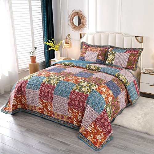 Quilt Cover Sets Queen/King Size, Cotton Quilted Bedspread Sets Queen Coverlet Bedding Sets 3- Piece, 1 Quilt, 2 Pillow Shams (Patchwork) (Red, Queen)