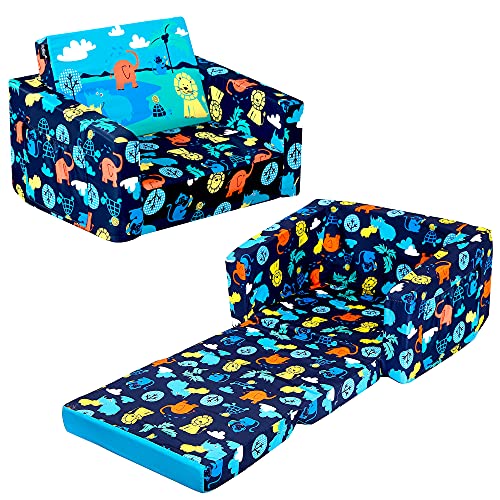 MallBest Kids Sofas Children’s Sofa Bed Baby’s Upholstered Couch Sleepover Chair Flipout Open Recliner(Blue/Jungle)