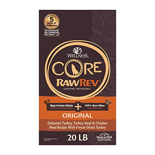 Wellness CORE RawRev Grain-Free Dry Dog Food, Natural Ingredients, Made in USA with Real Freeze-Dried Meat (Adult, Turkey, 20 lbs)