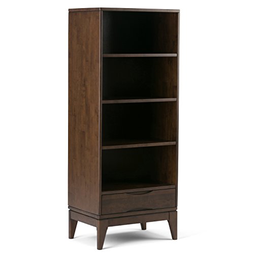 SIMPLIHOME Harper SOLID HARDWOOD 60 inch x 24 inch Mid Century Modern Bookcase with Storage in Walnut Brown with 1 Drawer and 4 Shelves, for the Living Room, Study and Office