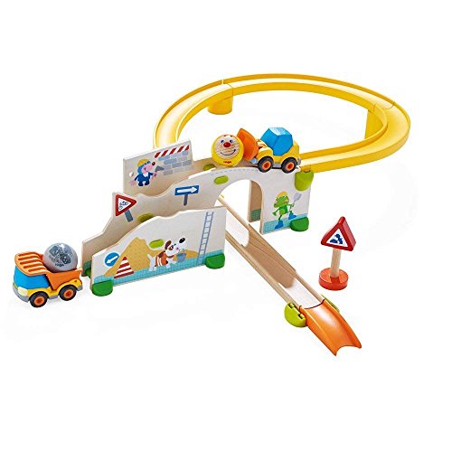 HABA Kullerbu at The Construction Site Play Track – 13 Piece Starter Set with 2 Vehicles and Fascinating Ball Drop – Ages 2 and Up