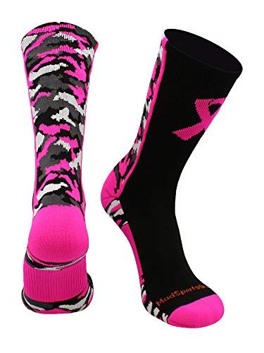 MadSportsStuff Pink Ribbon Awareness Camo Crew Socks (Black/Neon Pink, Small)