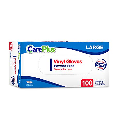 Care Plus Disposable Vinyl Gloves Large Size | Heavy Duty | Non Sterile | Powder Free | Latex Free Rubber | 100 Count Box |food Safe