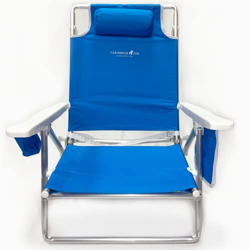 Caribbean Joe Folding Beach Chair, 5 Position Lightweight, Portable Reclining Outdoor Camping Chair with Headrest, Shoulder Strap, and Cup Holder, Blue