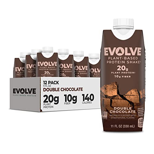 Evolve Plant Based Protein Shake, Double Chocolate, 20g Vegan Protein, Dairy Free, No Artificial Sweeteners, Non-GMO, 10g Fiber, 11 Fl Oz (Pack of 12) – (Formula May Vary)