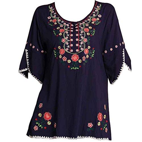 Ashir Aley Bell Sleeve Womens Girls Embroidered Cotton Peasant Tops Mexican Bohemian Shirts Blouses (L,Navy Blue)