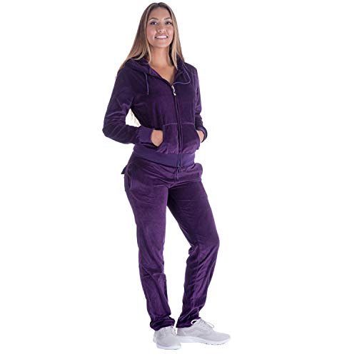 LeeHanTon Women Jogging Suits Sets Velour Outfit Athletic Zip Up Hoodie and Sweatpants Solid Workout 2 Pieces Tracksuit Purple M