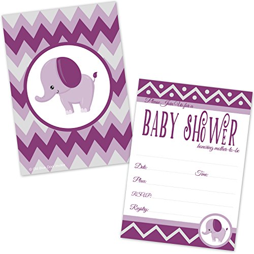 Elephant Baby Shower Invitations for Girl – Purple Lavender and Gray Chevron Invites – (20 Count with Envelopes)