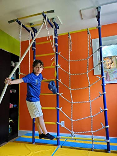 Indoor Kids Playground Play Set with Cargo Net / Blue Training Gym Sport Accessories Equipment: Rope ladder, Rope and Gymnastic Rings / Suit for Apartment, School and Playroom / Carousel R3