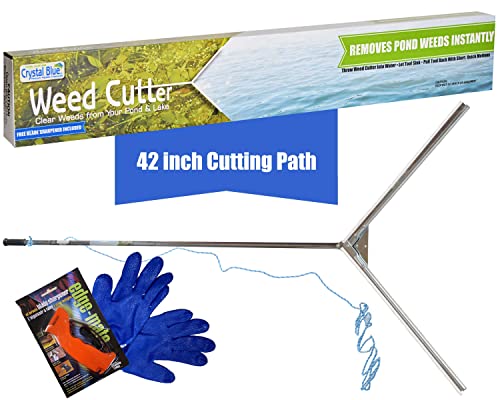 Crystal Blue Pond & Lake Weed Cutter – 42 inch Wide Cutting Path, Includes 20 Foot Rope, Blade Sharpener & Safety Gloves – Remove Common Pond Weeds, Chara, Lilly Pads, Small Leaf & More