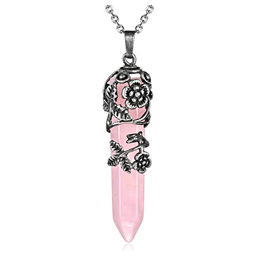 Top Plaza Antique Silver Flower Wrapped Natural Rose Quartz Healing Crystal Necklace Mothers Day Mom Gifts