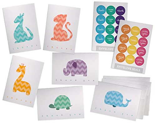 Around the World Chevron Safari Animals Baby Shower Thank You Note Cards – Set of 48 Baby Thank You Cards with Envelopes