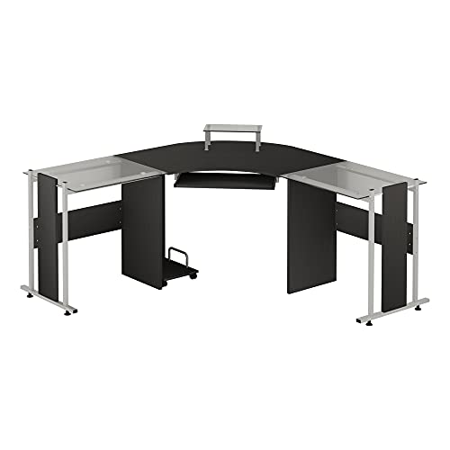 HOMCOM 69″ Modern L-Shaped Tempered Glass Office Computer Desk with Elevated Monitor Stand, Rolling CPU Holder, Pull Out Keyboard Tray and Steel Frame, Black