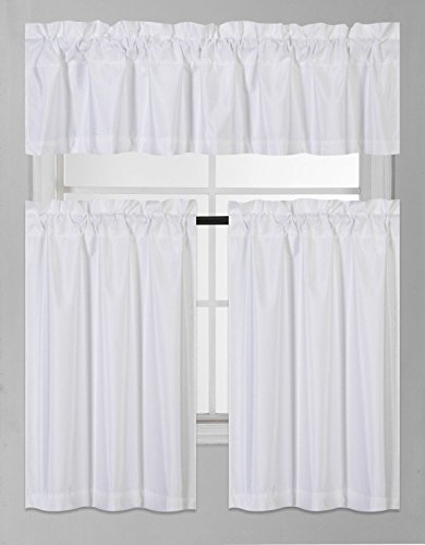 GorgeousHomeLinen (K3) 3 PC White Kitchen Window Valance Tier Curtain Faux Silk Panels Lined Thermal Room Darkening Insulated Blackout Set
