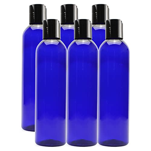 Cornucopia 8oz Empty Plastic Squeeze Bottles with Disc Top Flip Cap (6 pack); BPA-Free Containers For Shampoo, Lotions, Liquid Body Soap, Creams (8 ounce, Cobalt Blue)