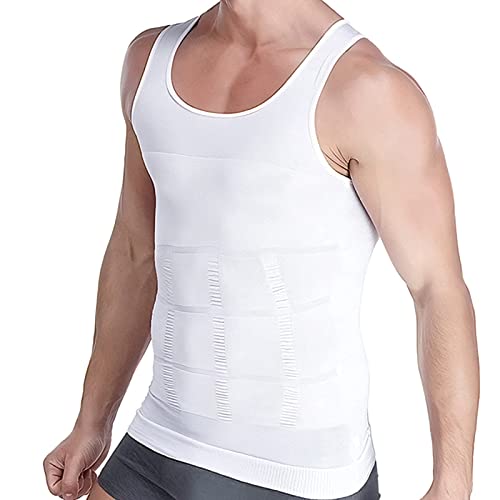 Aptoco Compression Shirts for Men Shapewear Vest Body Shaper Abs Abdomen Slim Elastic Tank Top Undershirt for Hid Men’s Gynecomastia(White, Large)