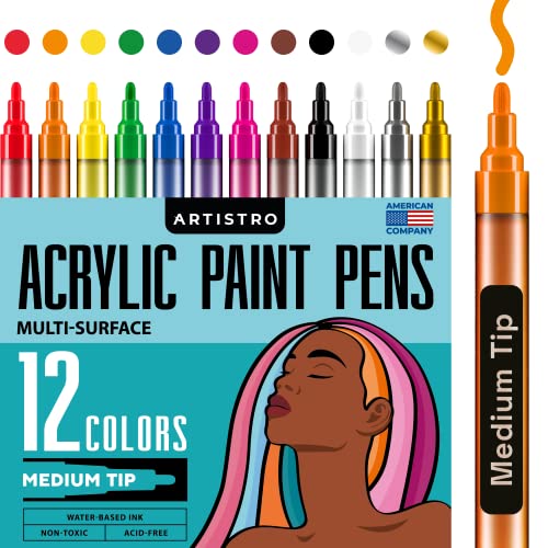 ARTISTRO 12 Acrylic Paint Pens for Fabric, Canvas, Rock, Glass, Wood – 3mm Medium Tip Paint Markers-Ideal Art Supplies for Adults and Kids