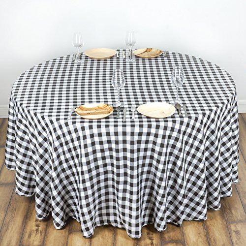 TABLECLOTHSFACTORY Perfect Picnic Inspired Checkered 120″ Round Polyester Tablecloths White/Black