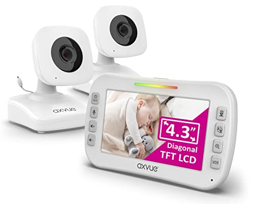Axvue Video Baby Monitor, Comfortable Slim Design Handheld Enclosure, 4.3″ Screen Monitor & 2 Camera, Range up to 1000ft, 12 Hour Battery Life, 2-Way Talk, Night Vision, Temperature Monitor, No WiFi.