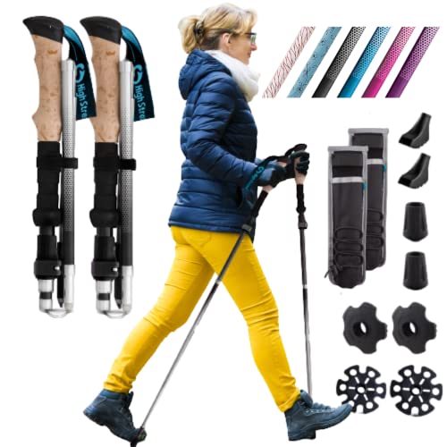High Stream Gear Women’s Collapsible Hiking Poles – 14.5” Foldable Trekking Poles for Backpacking, Exercising and Traveling, Set of 2 Aluminum Nordic Walking Sticks (Black, 155-135cm)
