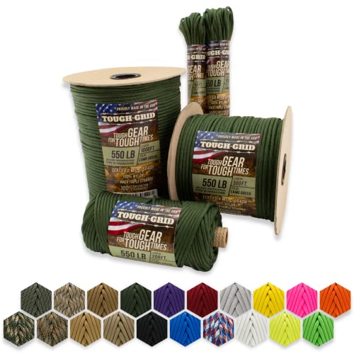 TOUGH-GRID 550lb Camo Green Paracord/Parachute Cord – 100% Nylon Mil-Spec Type III Paracord Used by The US Military, Great for Bracelets and Lanyards, 50Ft. – Camo Green