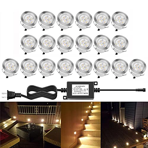 QACA Led Deck Lights Outdoor Waterproof Low Voltage Stainless Steel 1W Outdoor Yard Garden Decoration Lamps Landscape Pathway Patio Step Stairs LED In-ground Lights Silver Border(20pcs, Warm White)