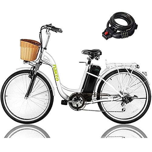 NAKTO Electric Bicycle Cargo Electric Bike for Adult 26″ Sporting Shimano 6 Speed Gear Step Thru EBike 25MPH 25-30Miles Removable Waterproof Large Capacity 36V10A Lithium Battery & Pedal Assist