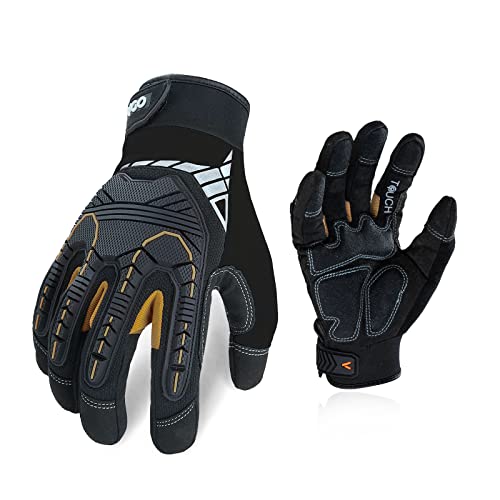 Vgo… 1-Pair Heavy-Duty Synthetic Leather Work Gloves, Impact Protection Mechanic Gloves, Rigger Gloves, High Dexterity, Vibration Reduction, Touchscreen Capable (Size L, Black, SL8849)
