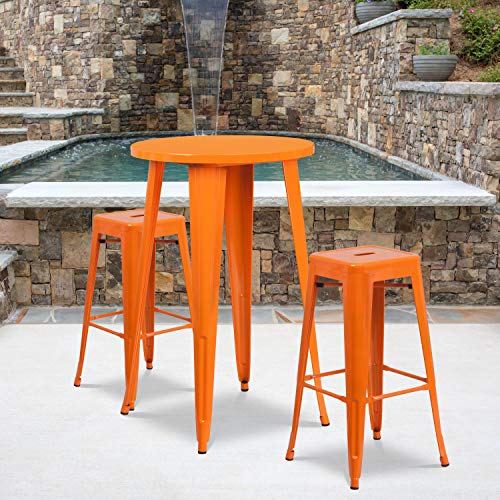 Flash Furniture Commercial Grade 24″ Round Orange Metal Indoor-Outdoor Bar Table Set with 2 Square Seat Backless Stools