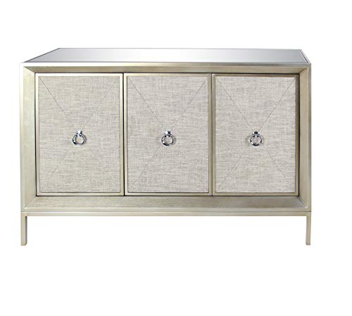 Deco 79 Wood Upholstered Front Panel 1 Shelf and 3 Doors Cabinet with Mirrored Top and Ring Handles, 47″ x 15″ x 32″, Gray