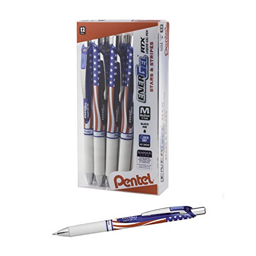 Pentel Gel Ink Pen, Retractable EnerGel Pen, (0.7mm) Metal Tip, Medium Point, Flag Barrel, Black Ink, 12 Pens (BL77USA-A)