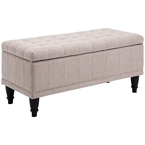 HOMCOM Large 42″ Tufted Linen Fabric Ottoman Storage Bench with Soft Close Lid for Living Room, Entryway, or Bedroom – Beige
