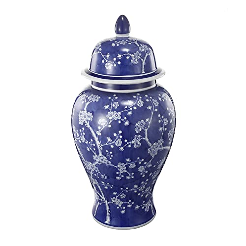 18″ Porcelain Jar with Lid – Blue & White Cherry Blossom Print – Perfect for Any Room in Your Home